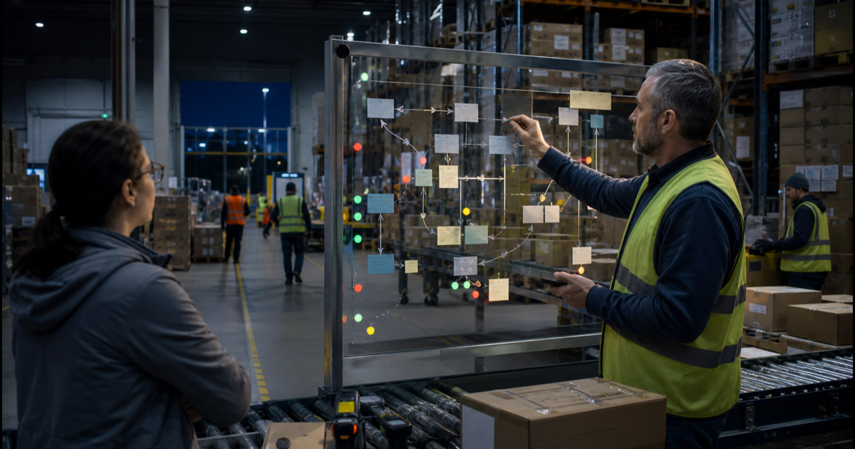 Two warehouse operators inspect a luminous workflow graph while forklifts move through the loading floor.