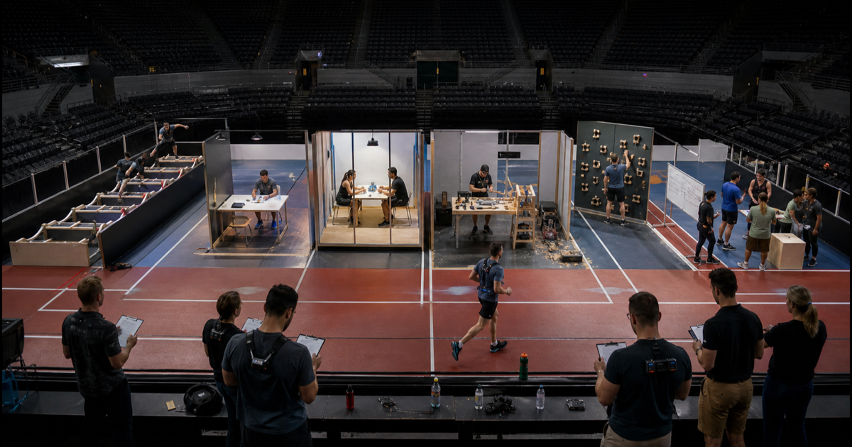 Competitors rotate through physical, analytical, social, and construction stations inside a large arena.